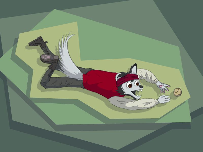 An anthropomorhic male wolf/husky, lying prone, catching a baseball. They're wearing red pirate-like clothes, and have pink pawprints at the bottom of their shoes.
