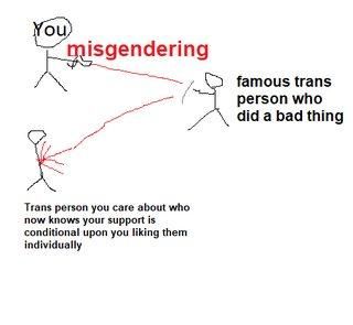 The 'Insult Deflection' meme, with one person misgendering a famous trans person who did a bad thing, hurting a trans person you care about who now knows your support is conditional upon you liking them individually