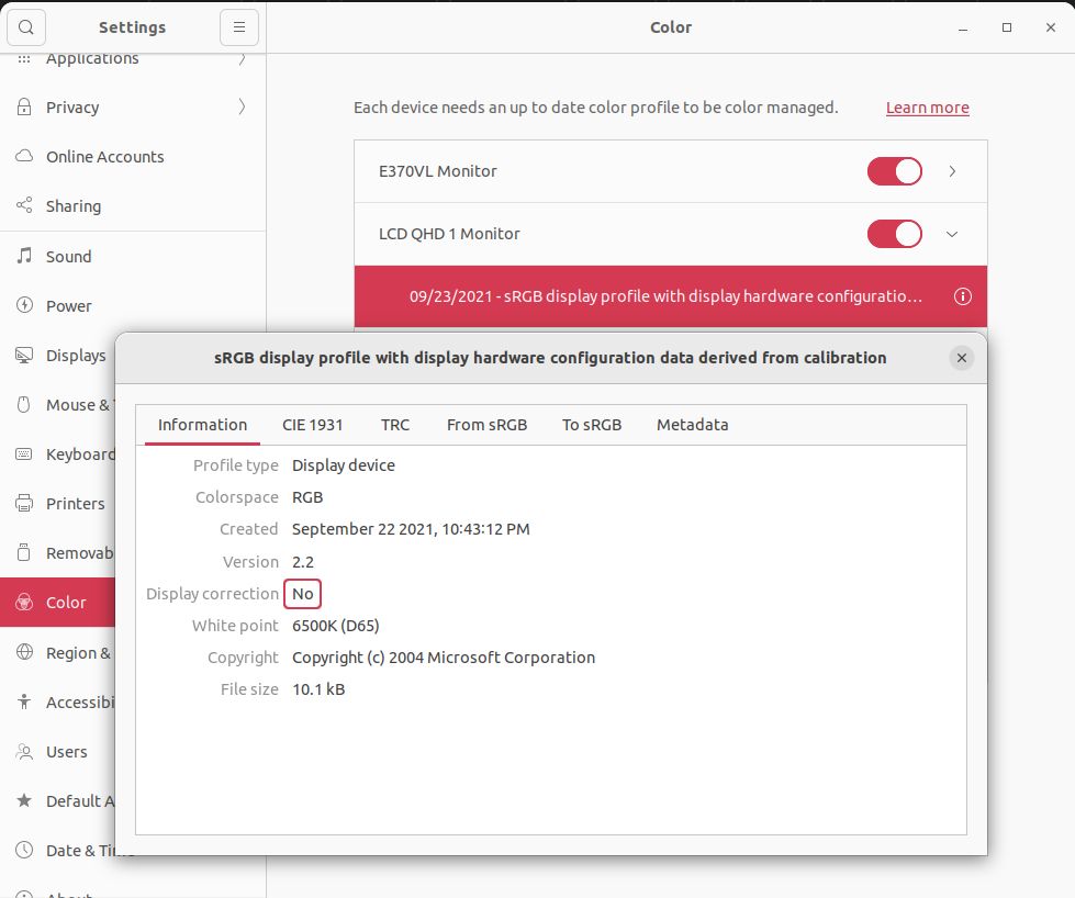 Gnome Control Center, Ubuntu 22.04's settings window. Color page is selected, showing the details for a color management profile. Display correction in the details is highlighted, it says 'No'. Meaning this profile cannot be used to calibrate a monitor. The profile, which is named "sRGB display profile with display hardware configuration" comes from Windows' built-in color calibration tool.