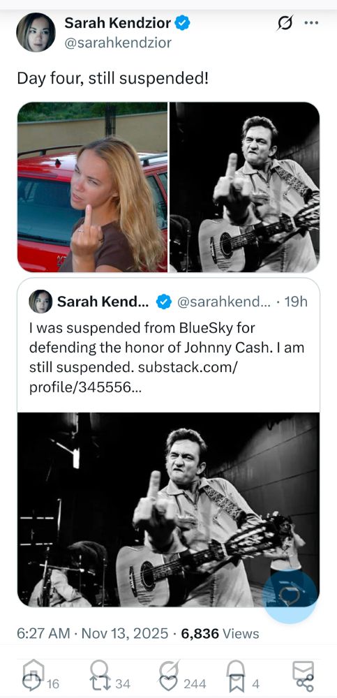 Tweet from Sarah Kendzior saying that she's still suspended from Bluesky including photos of herself and Johnny Cash giving the finger.