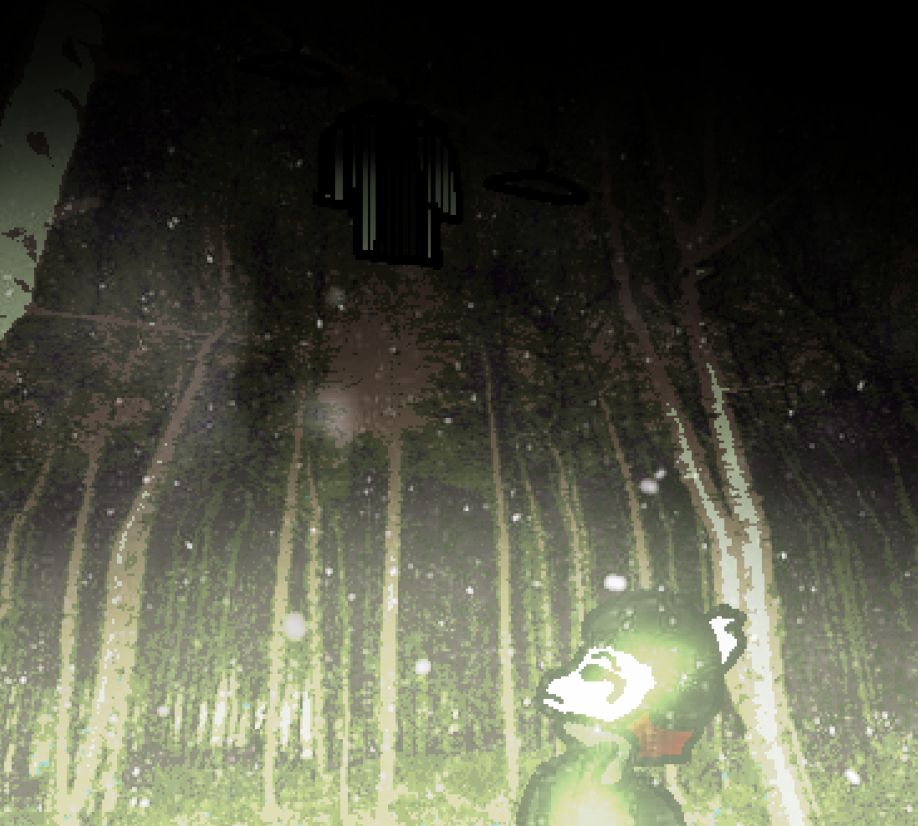 N noticing a monochrome-colored shirt hanging on a tree branch by a hanger