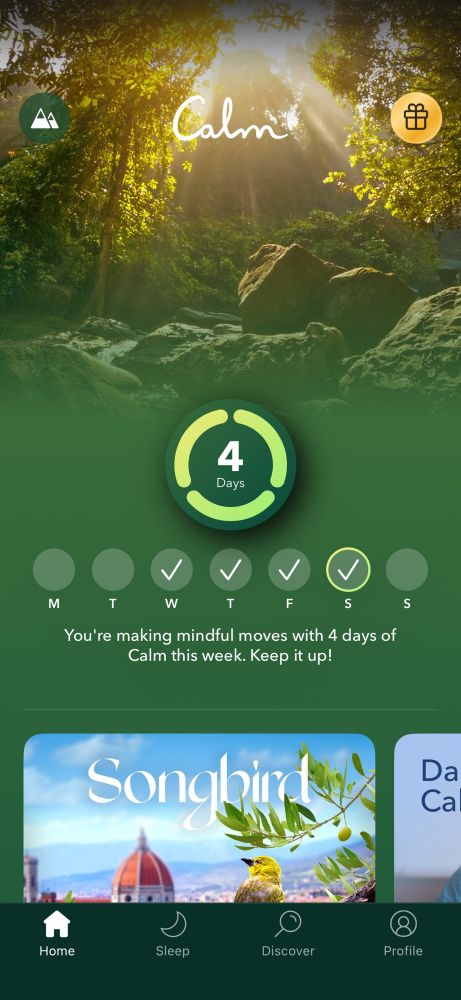 Screen shot of the Calm app, showing 4 consecutive days of use.
