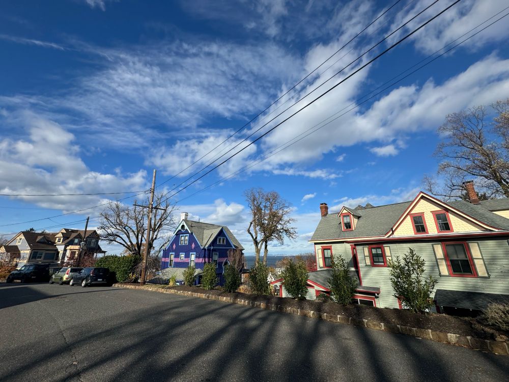 Photo of 3 victorian style houses overlooking a bay.