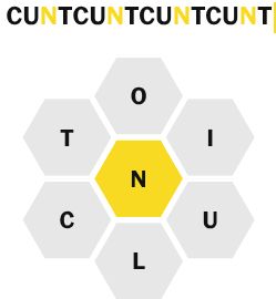 NYT Spelling Bee honeycomb displaying the "unlisted" compounded noun CUNTCUNTCUNT
