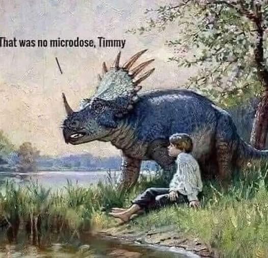 Idyllic painting of a boy in simple homespun clothing sitting by a riverbank with a juvenile triceratops. The dinosaur is warning the boy that he has clearly misjudged his microdose.