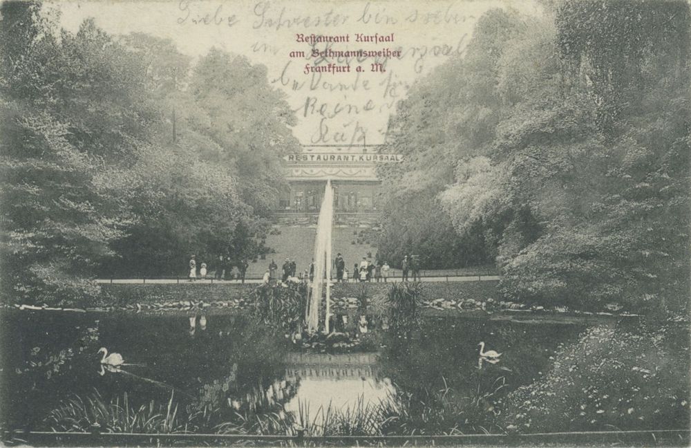 Historische Postkarte mit einer Abbildung des Bethmannweihers und Kursaal Milani in Frankfurt, 1902-1909 © Institut für Stadtgeschichte