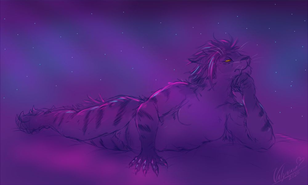 A four-ear'd feline laying down while looking towards the viewer with a weary expression, the colour tone is purple with some magenta and blue