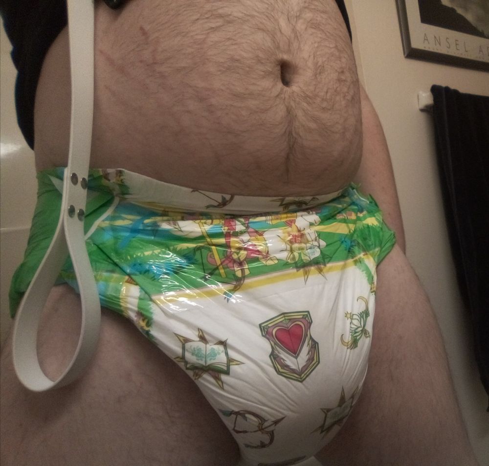 A crotch-shot of myself, chubby and fuzzy, wearing a thick wet diaper (boldly telling the world "I'm too lazy to spend more than 5 seconds taping my diapers" in the process)

A white leash dangles from an unseen collar, ready to be grabbed.
