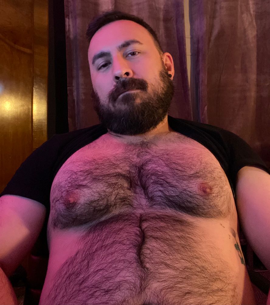 Photo of me from the torso up. My black T shirt is over my head to show my hairy chest and tummy. I have a big, dark beard. Expression is maybe a little sultry.