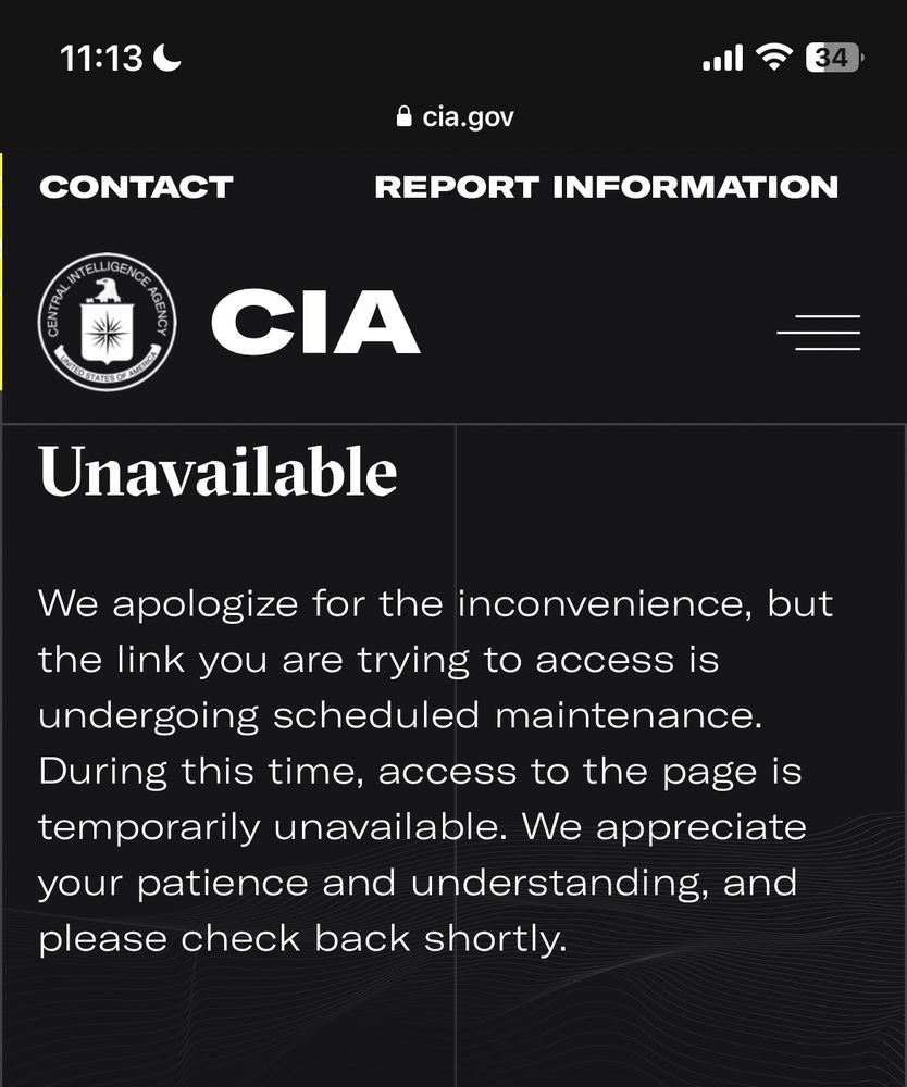 Screenshot of an error from the CIA CREST documents website reading “We apologize for the inconvenience, but the link you are trying to access is undergoing scheduled maintenance. During this time, access to the page is temporarily unavailable. We appreciate your patience and understanding, and please check back shortly.” 