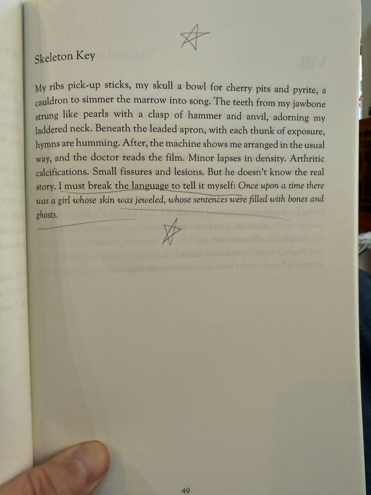 Skeleton Key

My ribs pick-up sticks, my skull a bowl for cherry pits and pyrite, a cauldron to simmer the marrow into song. The teeth from my jawbone strung like pearls with a clasp of hammer and anvil, adorning my laddered neck. Beneath the leaded apron, with each thunk of exposure, hymns are humming. After, the machine shows me arranged in the usual way, and the doctor reads the film. Minor lapses in density. Arthritic calcifications. Small fissures and lesions. But he doesn't know the real story. I must break the language to tell it myself: Once upon a time there was a girl whose skin was jeweled, whose sentences were filled with bones and ghosts.
