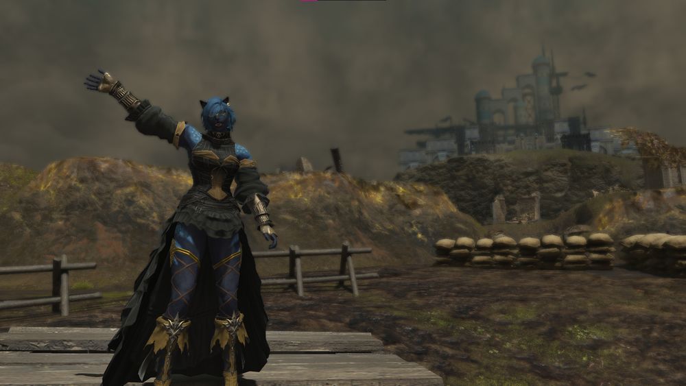A female hrothgar with black fur and blue hair waves at the camera from the trenches. Alermuc Castle can be seen in the background.