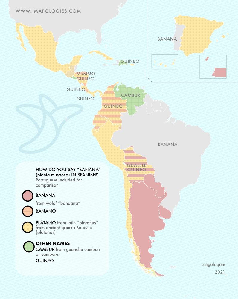 Etymology map of banana in Spanish