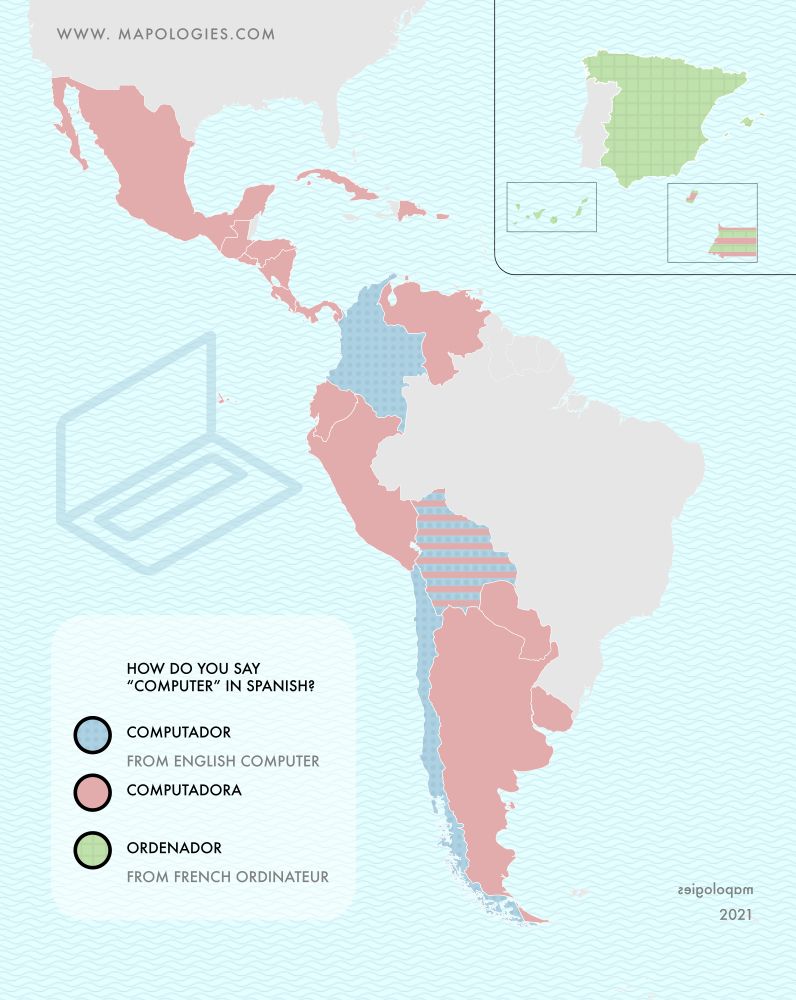 Map of the word "computer" in the different varieties of Spanish