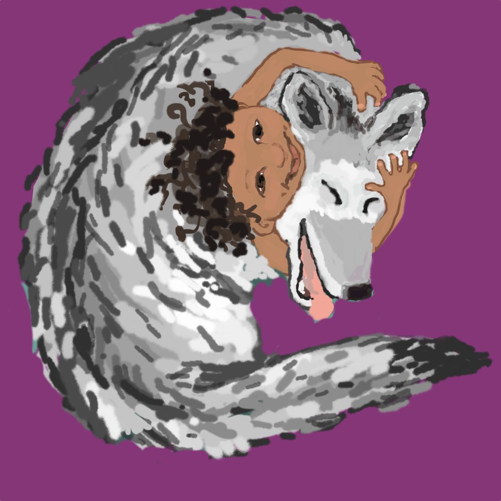 A color illustration  of a young grey wolf curled up, tongue out, eyes closed, a big smile on his face, as a little girl with loose curls, tan skin hugs his head. They are both about 2-3 years age.  She looks up eyes open, smiling. 
