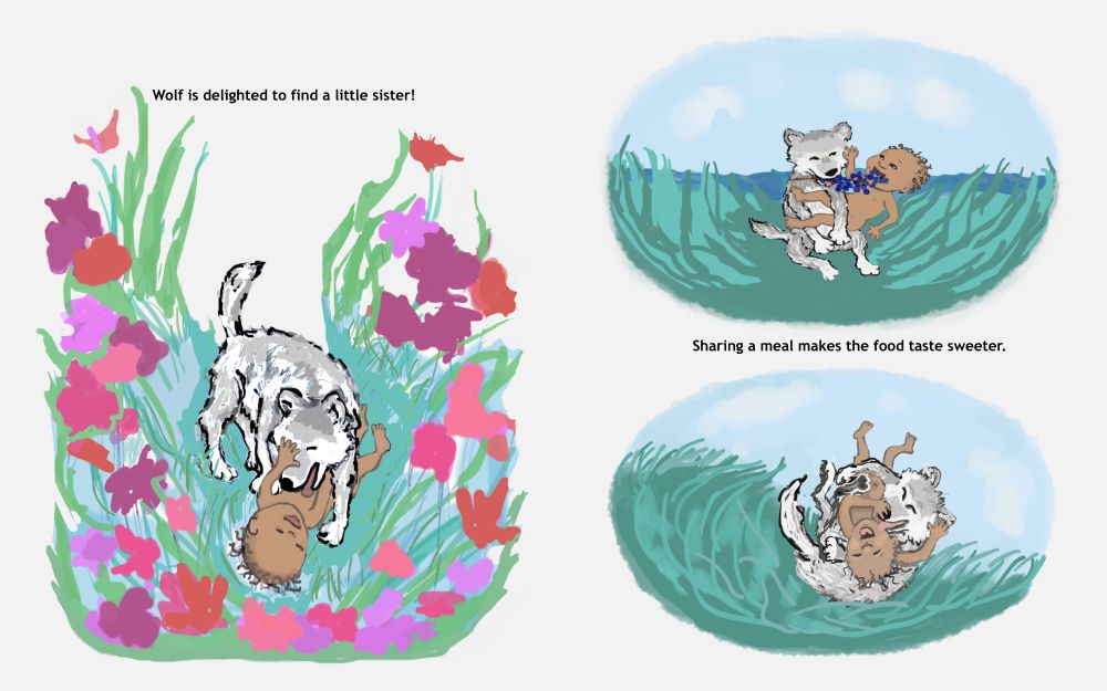 Picture book spread with 3 illustrations: a wolf cub finds a baby, they eat blueberries together, they roll playfully in the grass the baby laughs. 
