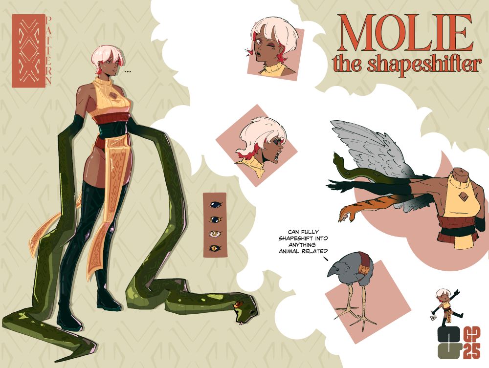 a character design sheet of a girl with short white hair, yellow top and snake arms. there are some expressions to the side, and portraits showing off her ability to turn into other creatures.