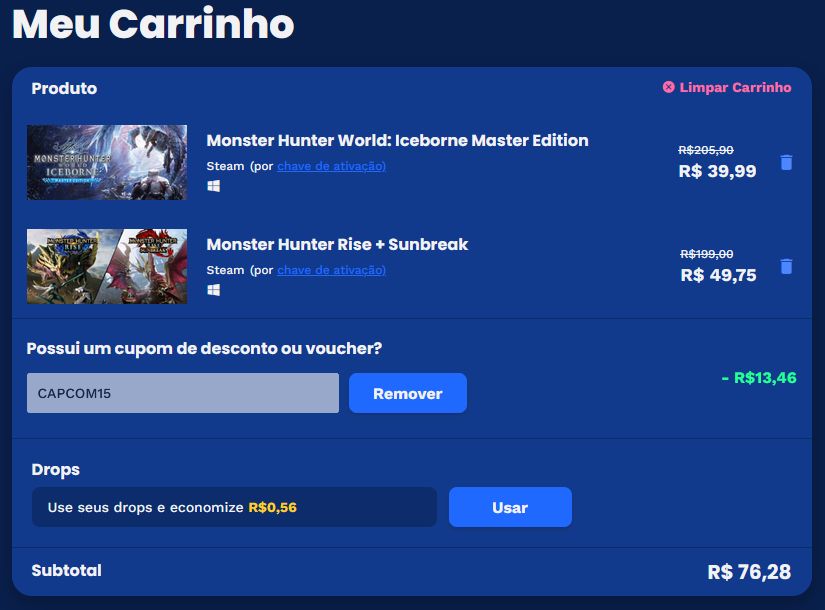 print do carrinho da loja nuuvem com os jogos monster hunter world iceborne e rise sunbreak por 76,28