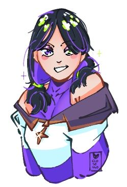 portrait of a cartoonish girl with black hair and purple strands, wearing a white and purple jacket