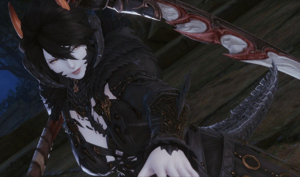 Eliza stands in a batle pose while wearing lvl 99 RPR artifact gear and holding Tropaios Scythe dyed red (kinda fleshy looking ngl -> me, a body horror freak)