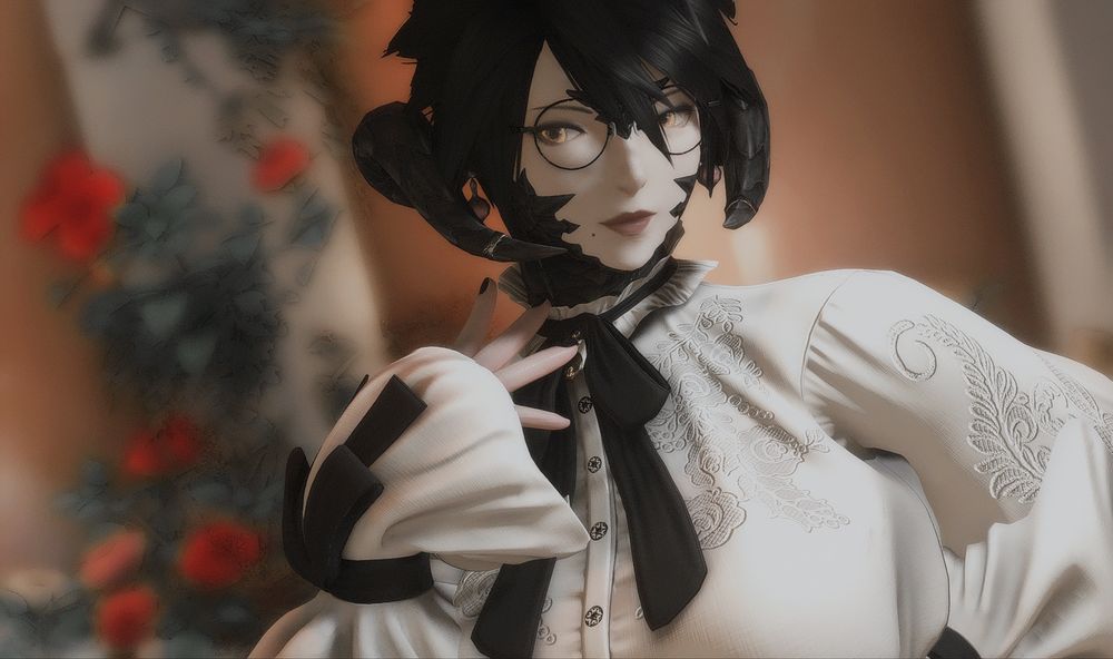 Eliza poses while wearing Amourette outfit by Alee, an elegant shirt tied with a ribbon at the collar