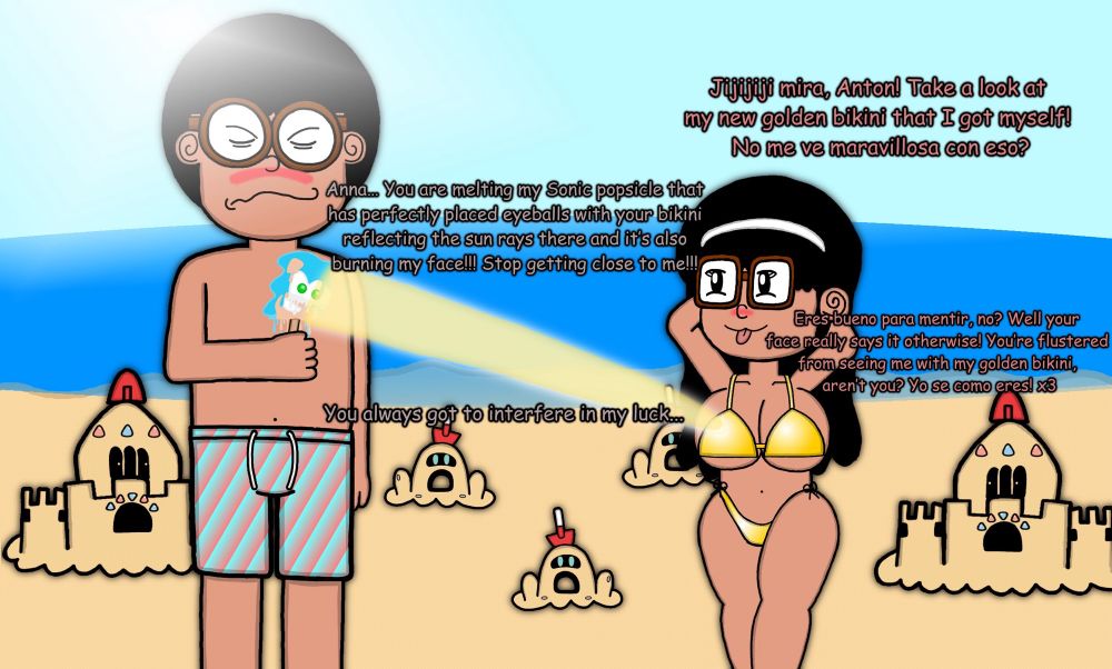 I was lucky to get a Sonic The Hedgehog popsicle that has perfectly placed gumball eyes but then Anna's golden bikini reflects the sun to my Sonic popsicle, losing my fortune by melting it away!! Esa traviesita loca y molesta nunca me deja en paz!!😡😡