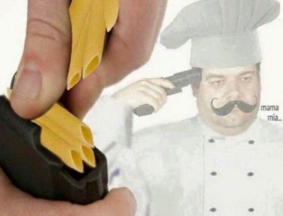 An Italian chef loading dried penne into a gun and pointing it at his own head while saying “mama mia…”