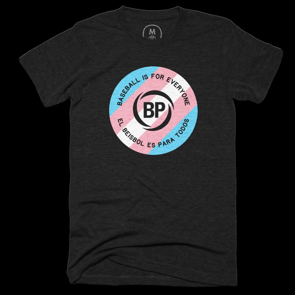 Tshirt with Trans Pride flag and the words Baseball is for Everyone and in Spanish El Beisbol es Para Todos. 