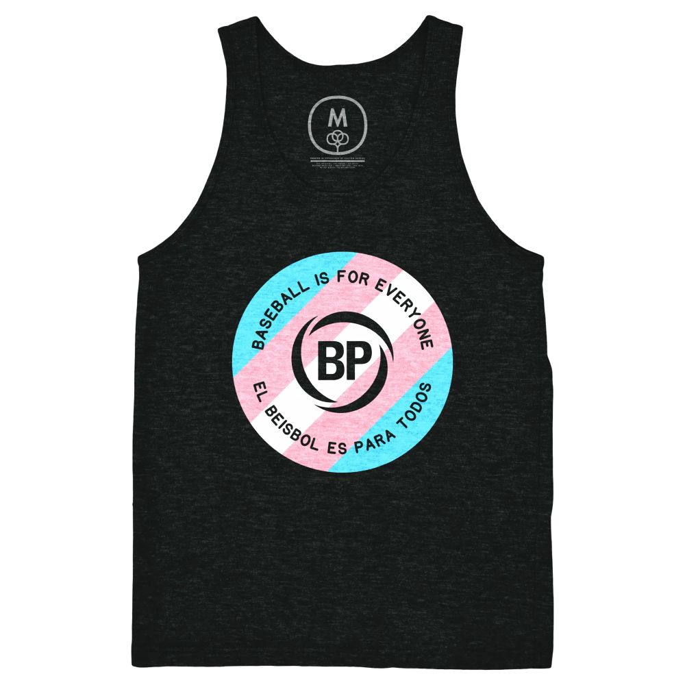 Black tank top with Baseball is for Everyone in English and Spanish. With a trans pride flag behind it. 