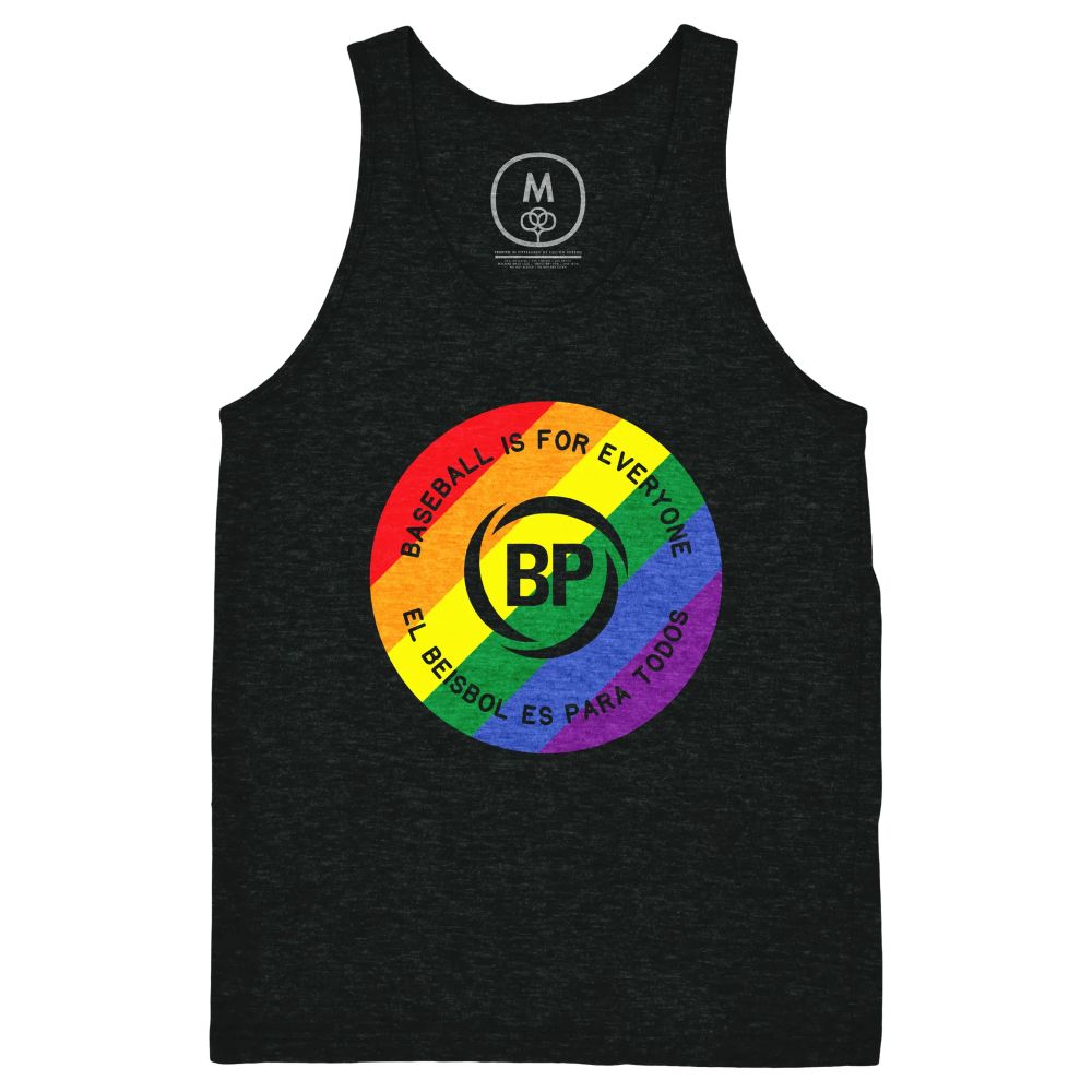 Black tank top with Baseball is for Everyone in English and Spanish. With a rainbow pride flag behind it. 