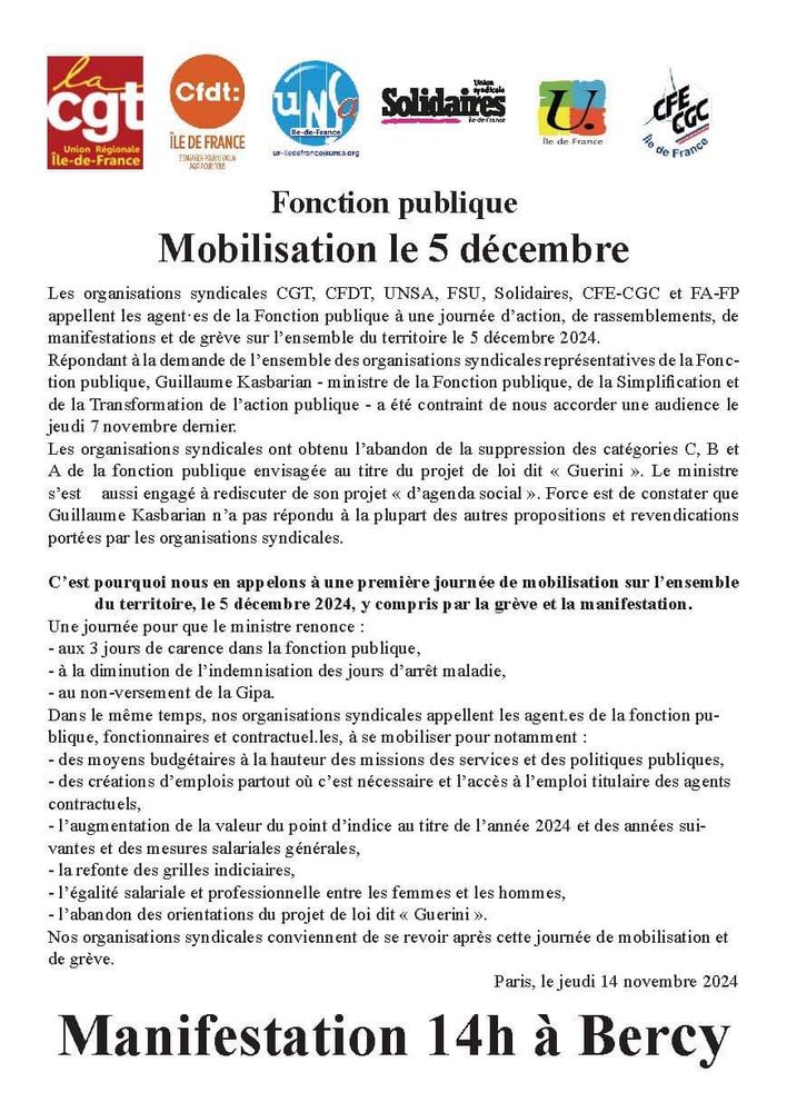 Le 5 décembre, en grève et manifestation : à Paris ce sera à 14h à Bercy