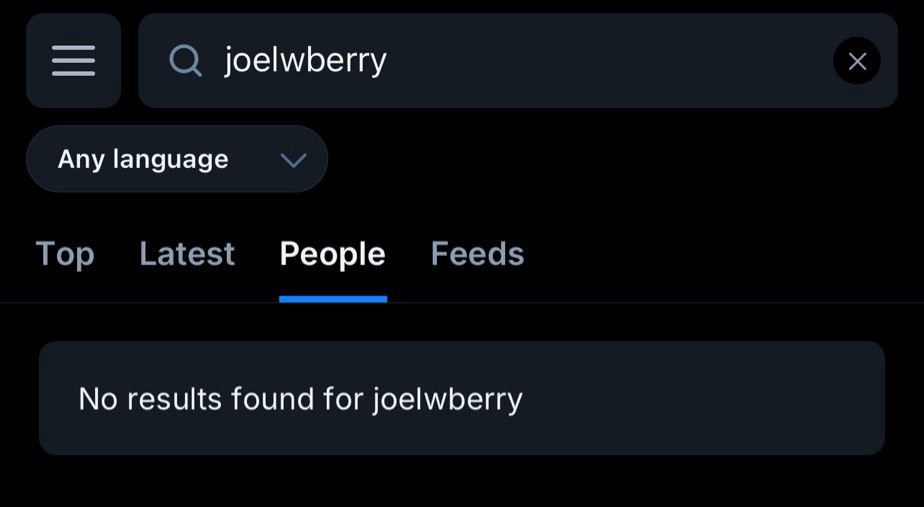 Search for joelwberry shows no results