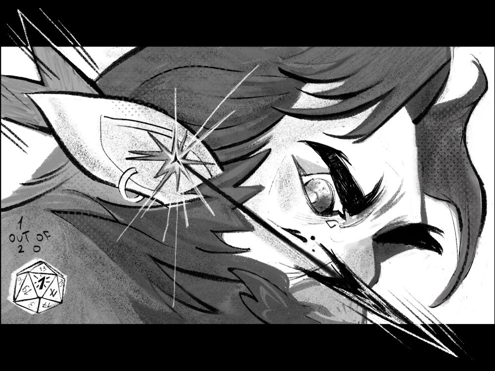 A face of a tiefling, his ear is shot with an arrow(