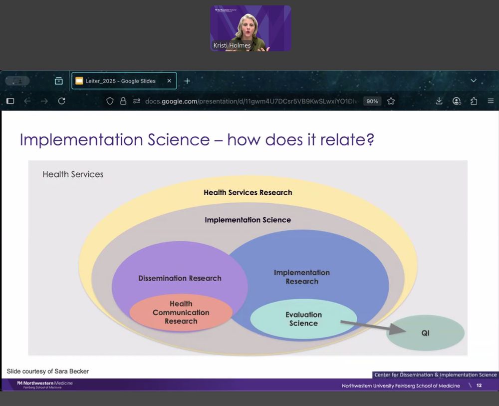Image of a Kristi Holmes speaking with a slide she's shared there depicts Health Services Research as a large circle that includes a smaller circle called Implementation Science. Within Implementation Science circle, there are two smaller circles that overlap for Dissemination Research and Implementation Research. 