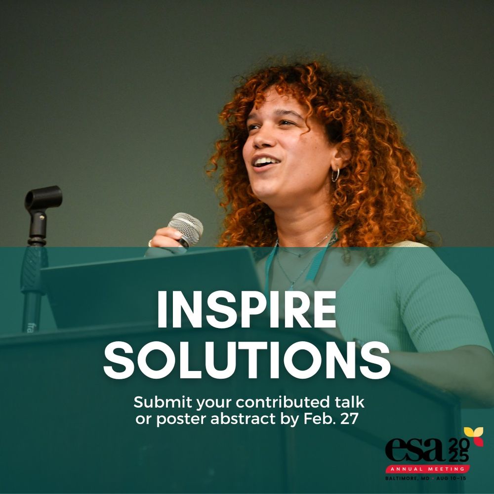 a young woman speaks at a lecture at the 2024 Annual Meeting in Long Beach. Superimposed text on the image reads "Inspire solutions: submit your contributed talk or poster abstract by February 27"