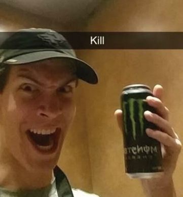 The "kill" meme that features a man showing a devious grin while holding a monster can.