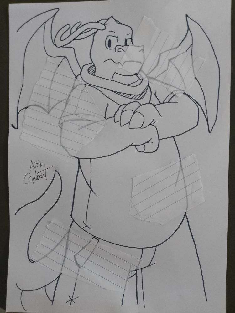 Traditional drawing in a white page with cutouts from a lined notebook of a more detailed Dragonite that makes him look more menacing; he wears a bandana, a t-shirt, and pants. He cracks his knuckles, as he looks at you, menacingly. The cutout parts have more rough lineart made with pencil, while the white page part have it's lineart done with marker.

 Art by AR Galoart on Bluesky. Do not repost, steal, and overly, DON'T FEED IT TO GET A.I. under ANY concept.