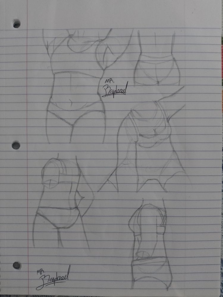 Several sketches of female torsos in various poses and perspectives.