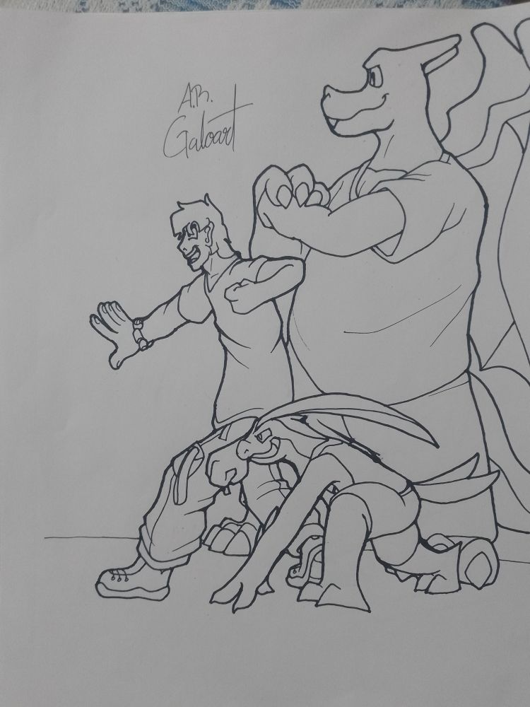 Traditional drawing made with a black marker. The drawing is about Tom, a Grovyle that wears board shorts and a tank top; Jhonatan, a beffy Charizard that wears a t-shirt and softpants; and Alfredo, a tall teenager trainer that wears a t-shirt, joggers, sneakers, and a handmade bracelet with a key stone on it. They're all looking sideways; Tom is in the foreground side, throwing a confident smile as he crouches like he's about to start a race; Jhonatan is on the back side, looking confident as he cracks his knuckles; and Alfredo is stepping infront of them both, excitedly yelling like he's giving them the order to start the battle.

 Art by AR Galoart on Bluesky. Do not repost, steal, and overly, DON'T FEED IT TO GET A.I. under ANY concept.