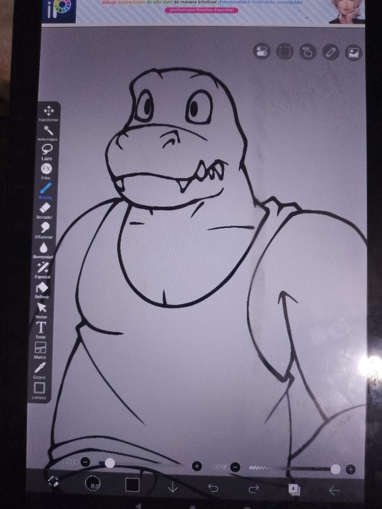 Close-up of my drawing on the tablet with Ibis Paint. It's just a lineart of an anthro, chonky T-rex that wears a tank top. He looks like a dumb while he scratches his back.

 Art by AR Galoart on Bluesky. Do not repost, steal, and overly, DON'T FEED IT TO GET A.I. under ANY concept.