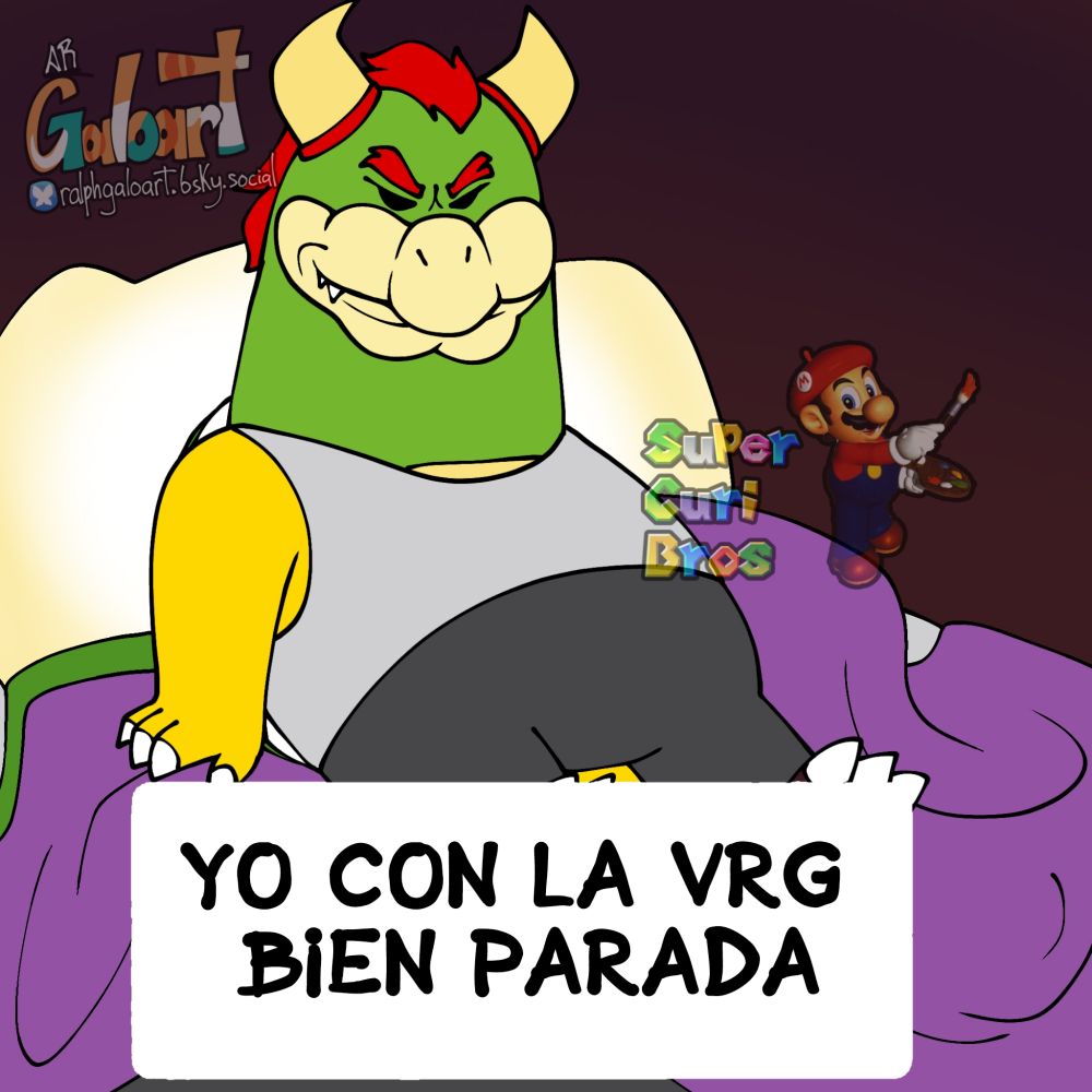 Curimomo basado en un frame de Charlie de Smiling Friends. Es Bowser usando una camiseta sin mangas gris y pantalones gris oscuro, recostado en su cama, con una mirada perversa, junto con un texto abajo que dice "Yo con la verga bien parada".