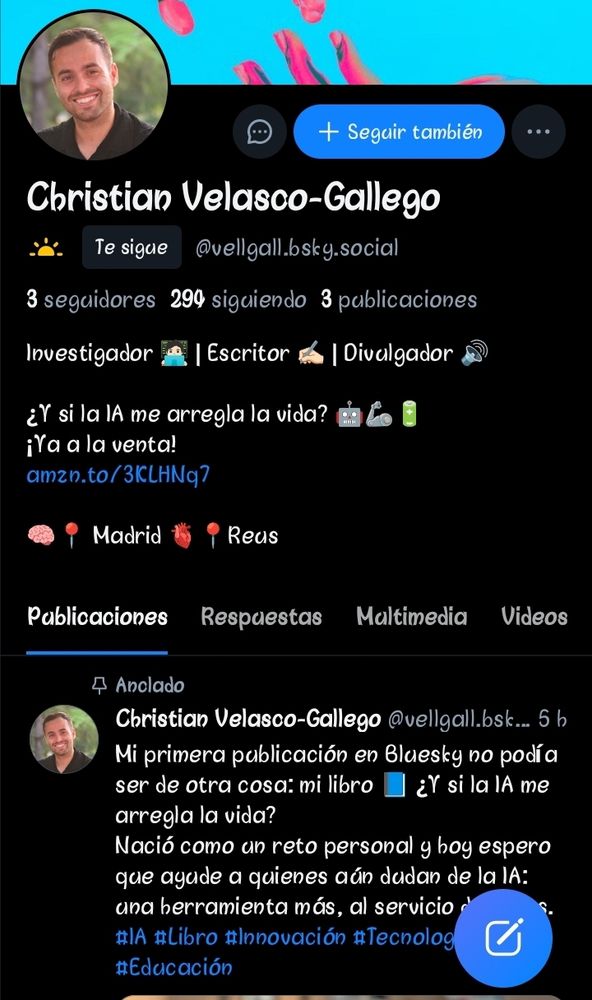 Captura de pantalla de la cuenta de un tipejo que se unió hace 6 horas, promocionando un libro a favor de la I.A..