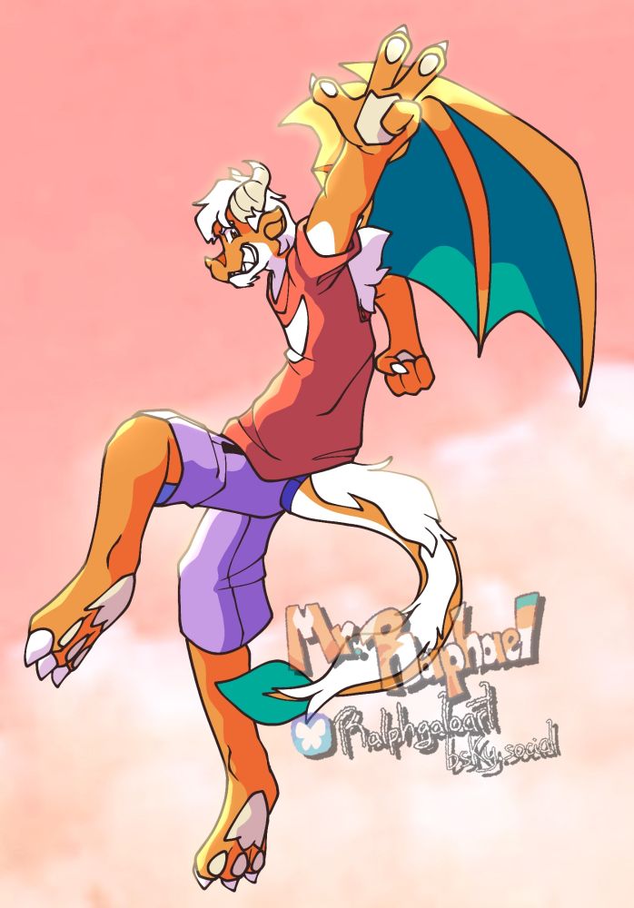 Digital illustration of Raphael, an anthro, orange-scaled, winged dragon with ivory horns and paw pads, aquamarine wings, and white jaw, belly and fur that reaches from his head to the tip of his tail, wich has an aquamarine flipper on it. Ralph wears a red t-shirt with a white Nike logo, and purple shorts. Ralph is flying on a sunset sky, turning back into a dynamic pose and throw a V sign with his hand at the camera, as he throws a confident smile at it. There's golden light coming from the upper back.

 Art made by Mr. Raphael on Bluesky. Do not repost, steal, and ABSOLUTELY NOT feed to gen AI.