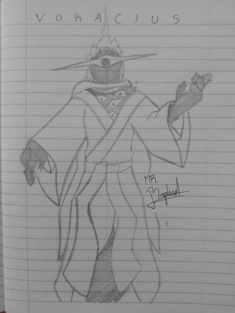 Traditional drawing of Voracius, the great demon of lies. It has a humanoid shape, with his body made entirely of dark matter, while the "hair" resembles an accretion disk of a black hole. Its "eye" is black hole-shaped, and it wears a kimono that lets see a bit of its chest, wich has several eyes looking at you.