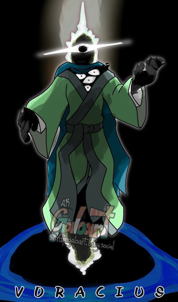 Digital illustration of Voracius, the great demon of lies. It has a humanoid shape, with his body made entirely of dark matter, while the "hair" resembles an accretion disk of a black hole. Its "eye" is black hole-shaped, and it wears a jade kimono that lets see a bit of its chest, wich has several eyes looking at you.

 Art by AR Galoart on Bluesky. Do not repost, steal, and overly, DON'T FEED IT TO GET A.I. under ANY concept.