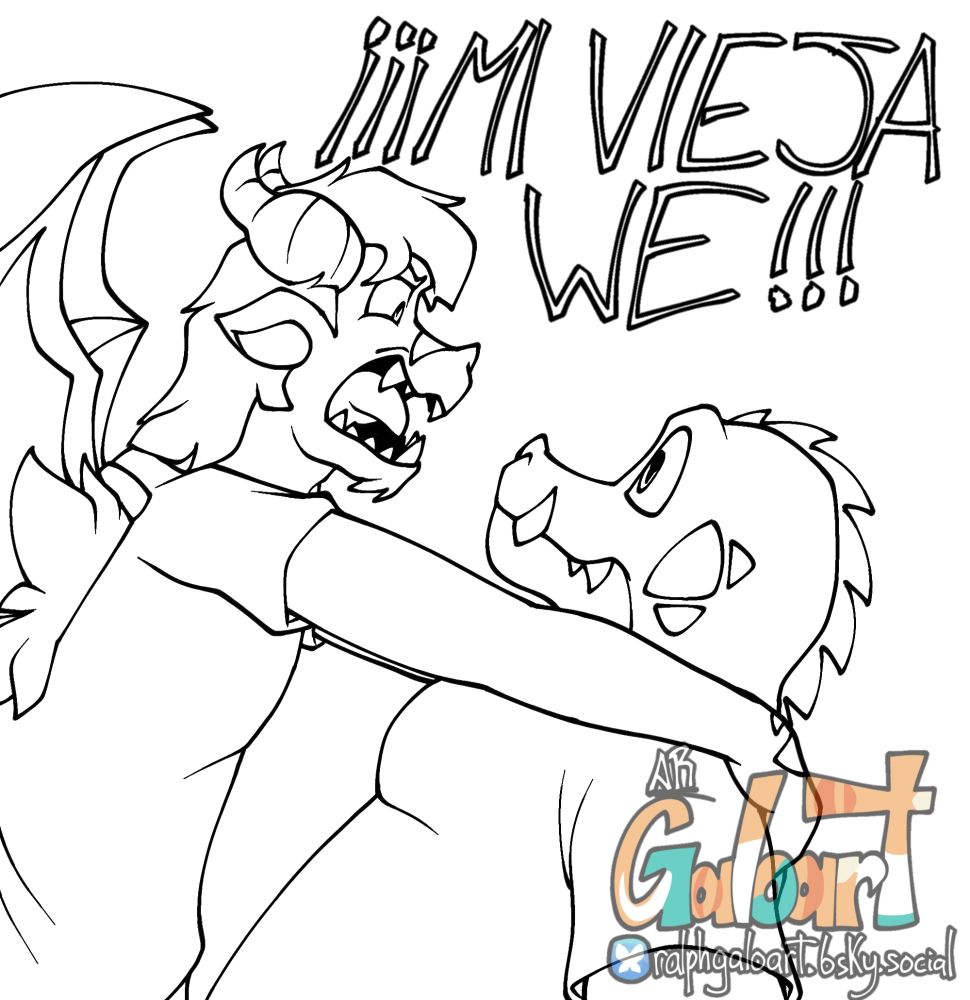 Ilustración digital en blanco y negro con Rafael agarrando a Choco de los hombros, gritándole "¡¡¡MI VIEJA WE!!!" mientras Choco mira desconcertado.