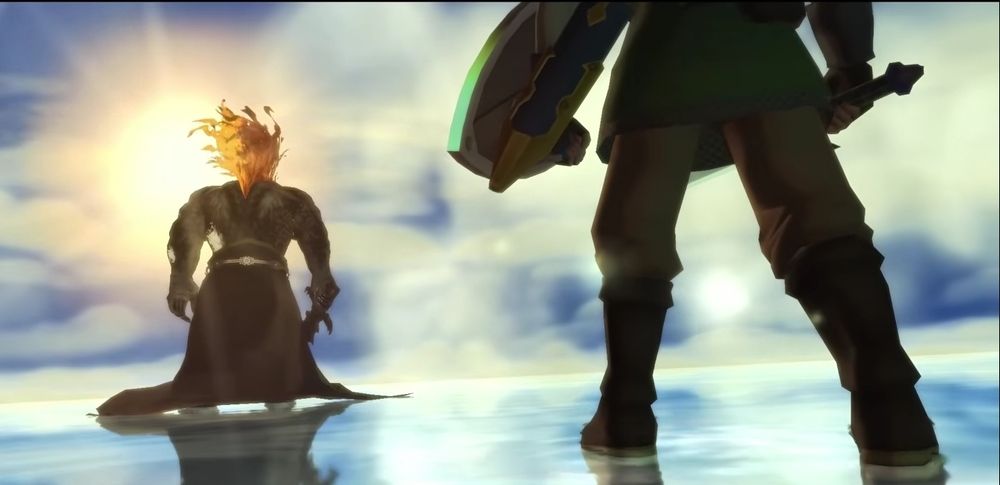 Zelda Skyward Sword screenshot of Demise looking at the sun, while Link stands behind him.
