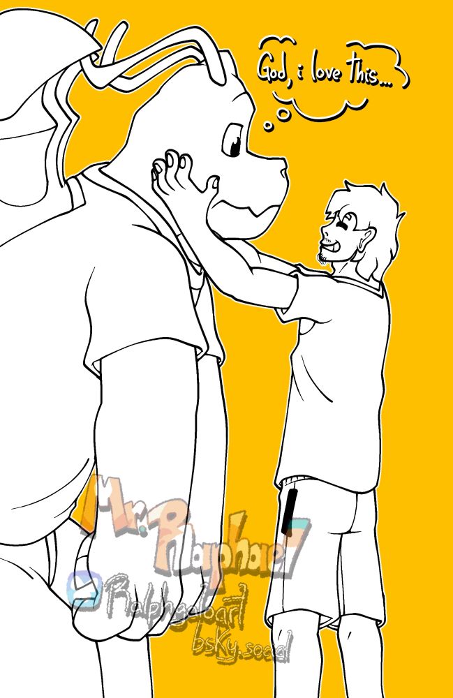 Digital illustration with a golden background, black lineart and white fill of Dracon, a more detailed Dragonite that wears a t-shirt and pants and Alfredo, his teenager trainer that wears a t-shirt and shorts. Dracon is crouching with his head pulled fowards, looking quietly at his trainer, Alfre is rubbing Dracon's checks with a big smile on his face. Dracon is trying hardly to not let see that he enjoies it, he's thinking "God, I love this...".

 Art made by Mr. Raphael on Bluesky. Do not repost, steal, and ABSOLUTELY NOT feed to gen AI.