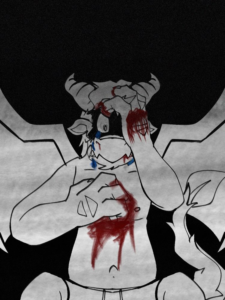 Digital illustration of Raphael, an anthro winged dragon. Ralph is sitting shirtless on something, he's burriyng his claws on his bleeding chest with his right hand, while he covers his darkened face with the left one. He's crying, with his only visible eye wide open on an erratic state. The whole drawing has a black background, with a black degree coming from the upper side.