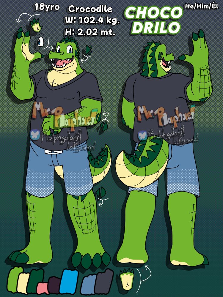 Reference sheet of an anthro, green-scaled, chonky crocodile with yellow belly and blue eyes. He has two trails of darker green, pointed scales that reaches from his head to the tip of his thick tail. He has some darker green claws and plates on his checks, elbows and  knees. He wears blue shorts, and he stands shirtless in two versions, waving at the camera, one facing fowards, and the other backwards.